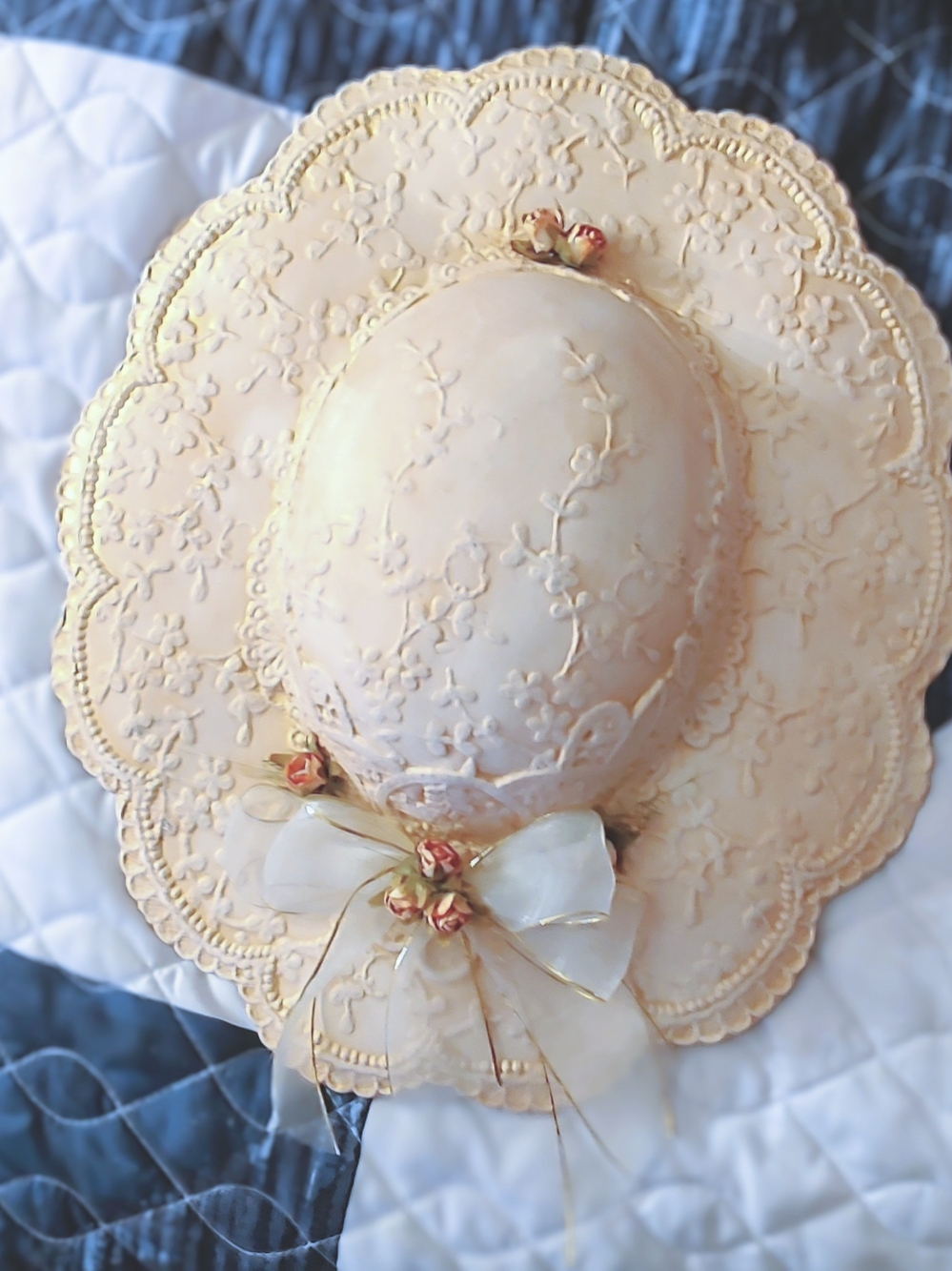 Vintage Lace-Embossed Wide-Brim Ceramic Hat in Pale Peach